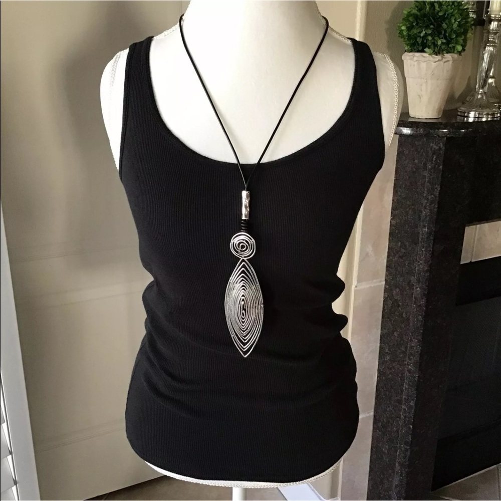 Tribal Shield Pendant Statement Necklace Silver Tone Wire 30” Black Wax Cord NEW - Picture 3 of 9